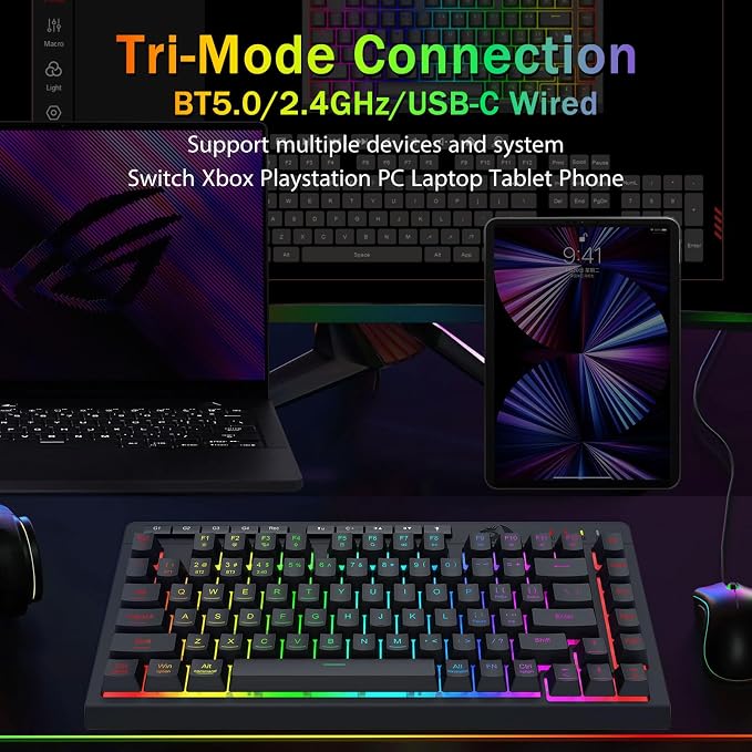 Redragon Wireless Gaming Keyboard, RGB Backlit, Portable 75% Design, Black | Bluetooth/2.4GHz/USB-C Wired, Mini Quiet Macro Membrane Keyboard, Rechargeable 4000mAh Battery, Anti-Ghosting for Win/MAC