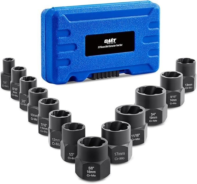 Orion Motor Tech Impact Nut and Bolt Extraction Tool Set, Rusted Damaged Stripped Nut and Bolt Remover Tool Kit, Nut Bolt Extractor Socket Set in 13 SAE and Metric Sizes for 3/8 Inch Drive with Case