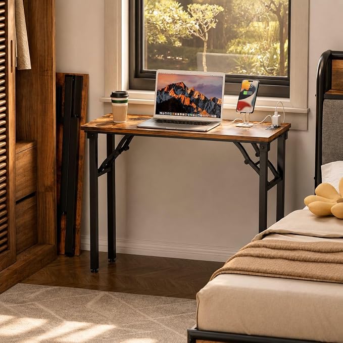 Folding Table Computer Desk - 35.8" No Assembly Folding Desk with Power Outlets & USB Charging Port, Small Desk, Foldable Office Desk, Compact Storage Portable Use for Small Space, Rustic Brown