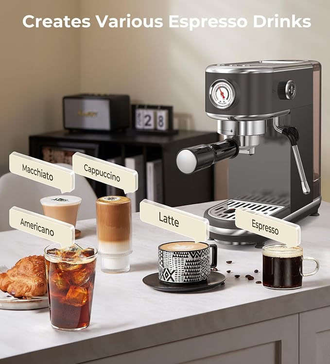 atatix 20 Bar Espresso Machine with Milk Frother, Compact Espresso Maker | Stainless Steel Coffee Machine with Precise Temp Control, 44oz Removable Water Tank for Latte, Cappuccino, Dark Grey