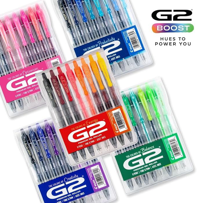 Pilot G2 Premium Gel Roller Pens, G2 Boost Green Pens Pack, The Colors of Balance, 8 Pack Pouch, Fine Point 0.7 mm, Assorted
