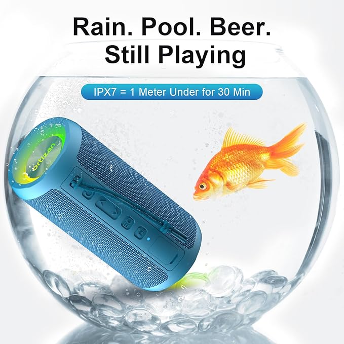 Ortizan Wireless Portable Bluetooth Speaker, IPX7 Waterproof, Dustproof and Rustproof, Powerful 24W Sound, Enhanced Bass, 30-Hour Battery, 360° Party Light, and Stereo Pairing (BT 5.3), Gifts - Blue