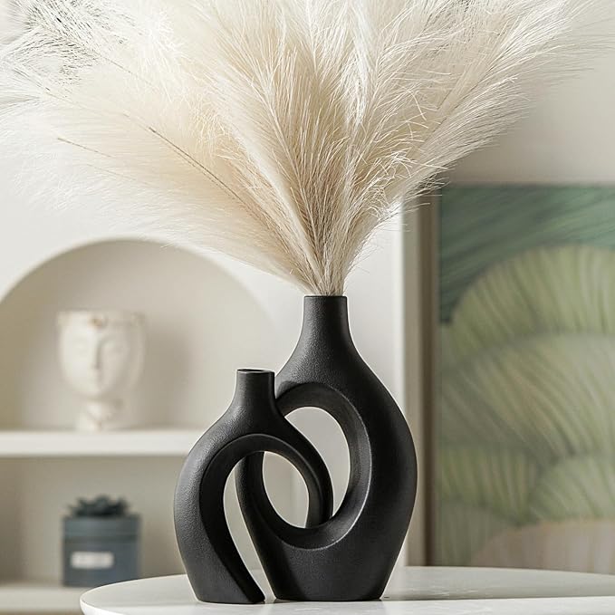 XL Black Ceramic Vase Set of 2 for Modern Home Decor, Neutral Boho Round Donut Pampas Grass Vases, Nordic Aesthetic Vase, for Living Room Coffee Table Fire Place Book Style Shelf (H 11.1")