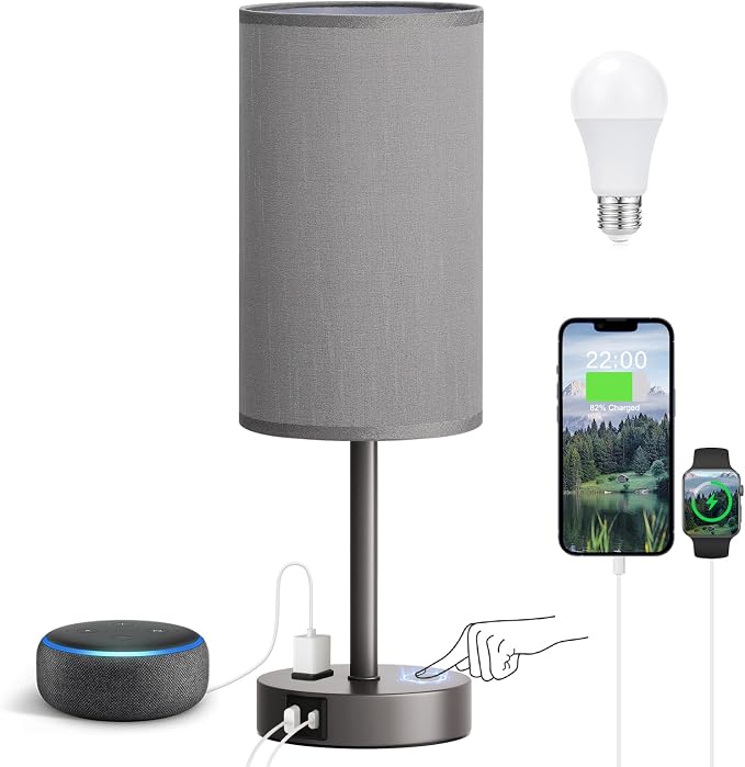 Fenmzee Grey Nightstand Bedroom Lamp - 3 Way Dimmable Bedside Lamp USB C A Charging Ports and AC Outlet, Small Table Lamp Linen Lampshade for Office Desk