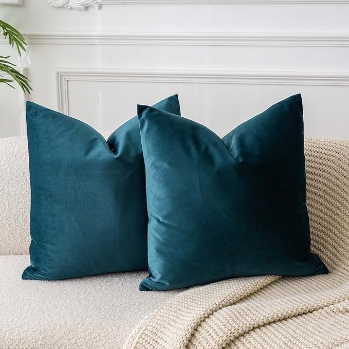 20x20 Decorative Velvet Throw Pillow Covers Set of 2 for Couch,Peacock Blue | Soft Cushion Cases with Invisible Zipper for Modern Sofa Bed Living Room Bedroom Home Decor
