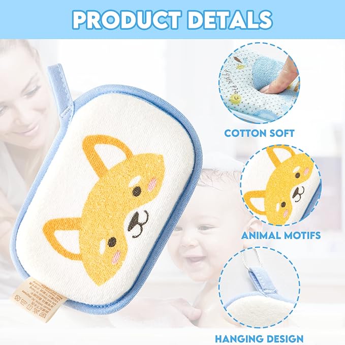 Baby Bath Sponge, 2 Pack Cartoon Animal Style Baby Sponge for Bathing, Infants Bath Sponge Ultra Soft & Absorbent Natural and Safe Great for Sensitive Skin, for Boys & Girls (Raccoon)