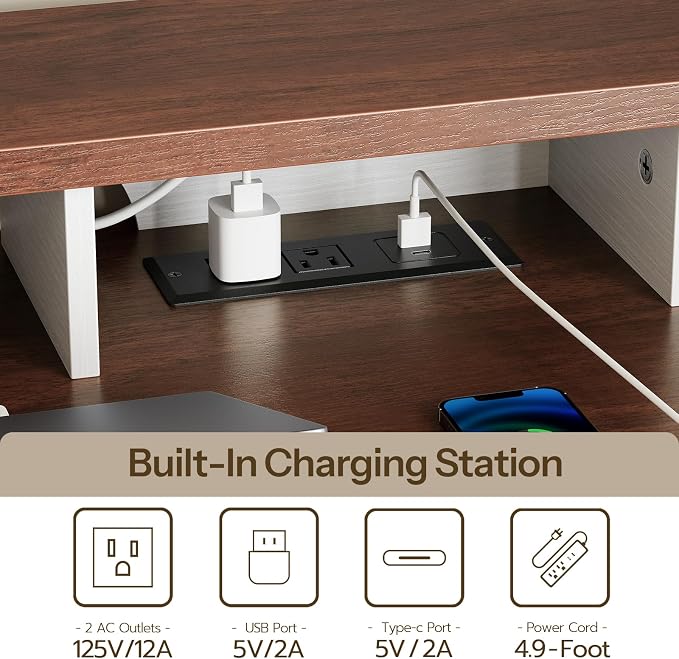HOOBRO Farmhouse Computer Desk, Office Desk with Charging Station, Executive Desk with Monitor Stand & Adjustable Shelf, Small Desk for Small Space, Study, Living Room, White and Walnut WH85UDN01