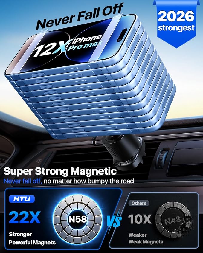 HTU 2026 Upgraded for Magsafe Car Mount [80LBS Strongest Suction & Military-Grade] Powerful Magnetic Cell Phone Holder for Car Dashboard Windshield for iPhone 17 16 15 14 Pro Max Mini,Black