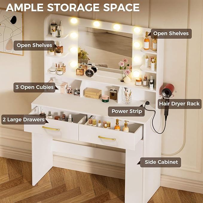COMHOMA Vanity Desk with Lighted Mirror and Power Outlet, RGB LED Lights Makeup Vanity Set for Girls, Large Storage Capacity Dressing Table for Bedroom, 3 Lighting Modes Adjustable Brightness, White