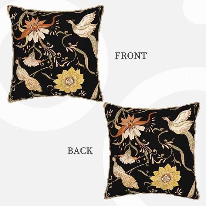 Flowers Birds Velvet Pillow Covers 20x20 Inch Vintage Floral Black Throw Pillows for Couch Farmhouse Cushion Covers Pillowcase Retro Rustic Pillow Cases for Sofa Bed Living Room Outdoor