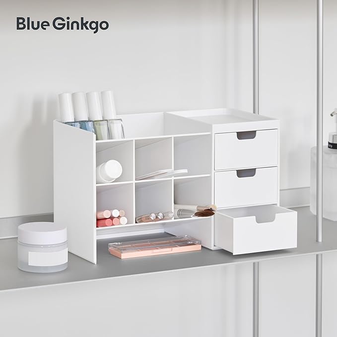 BLUE GINKGO Hive Stack Desk Organizer – Stackable Pen Holder, Stationary Organizer with Drawers - Office Storage, School Supplies, Makeup (Made in Korea, White)