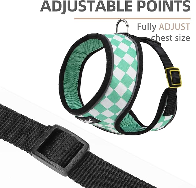 PUPTECK Soft Mesh Dog Harness and Leash Set Pet Puppy Cat Comfort Padded Vest No Pull Harnesses, Checkered Green&White, M