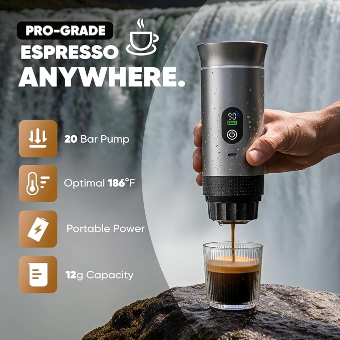 Portable Self-Heating Espresso Maker for Ground Coffee and Capsules | Rechargeable 80 ml travel coffee machine for camping, road trips and car use