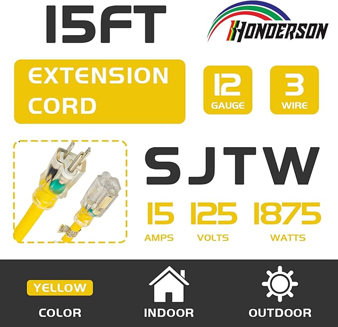 Indoor Outdoor Extension Cord Weatherproof with Lighted End, UL Certified, 12 Gauge 15FT Yellow 3 Prong Heavy Duty, 12/3 SJTW 15A Power Cord for Outdoor Lights, Lawn