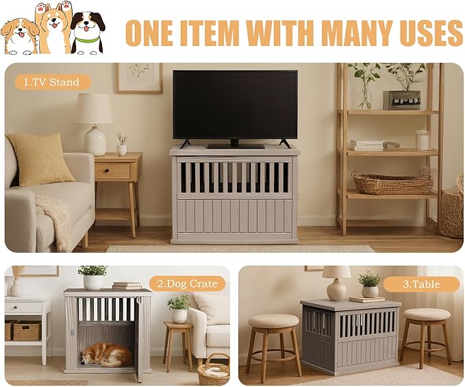 42 Inch Dog Crate Furniture Lockable Dog Kennel Indoor for Large Dogs and Medium Heavy Duty Pet Crate Decorative Pet Cage End Table,Grey