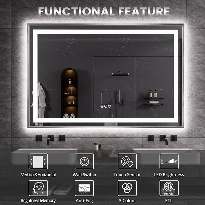 Amorho 60" X40" LED Bathroom Mirror, Brushed Nickel Framed Mirror with Front Light and Backlit, Stepless Dimmable, Anti-Fog, Shatter-Proof, Memory, 3 Colors