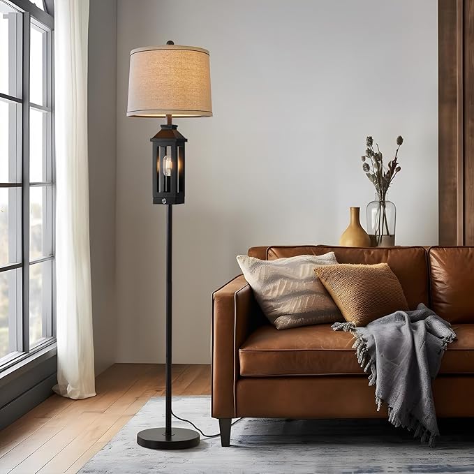 63" Floor Lamps for Living Room Bedside Nightstand Lamp All Black Tall Standing Lamp for Home Decor Bedroom Reading Lamp Farmhouse Rustic Bed Lights with 2 Light Sources (2 Bulbs)