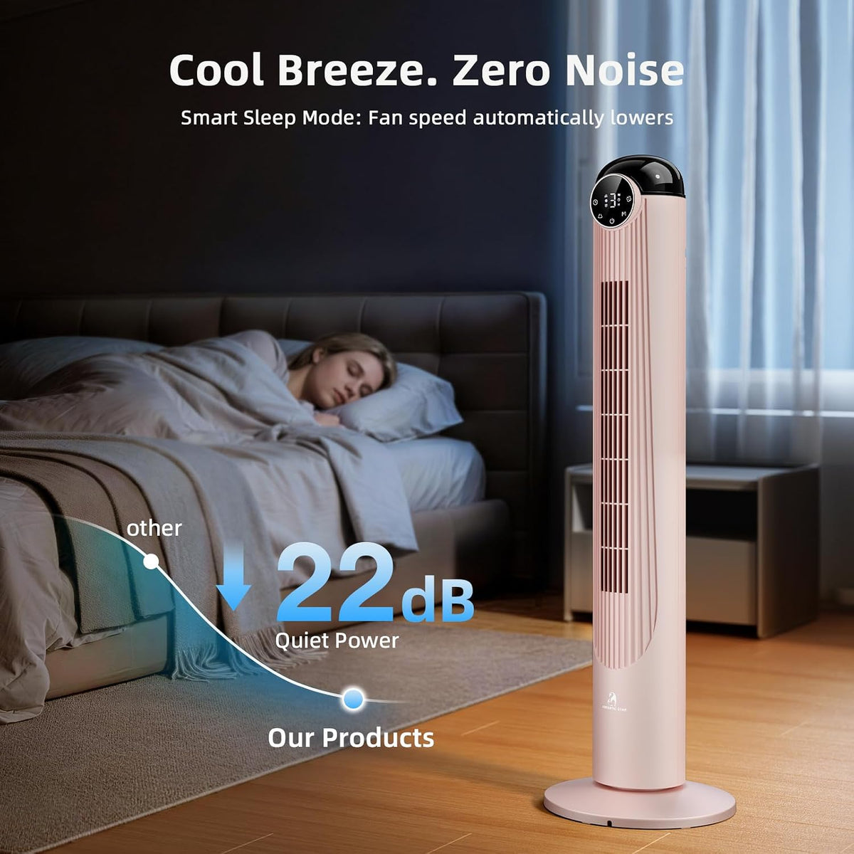 Antarctic Star T42 Tower Fan, 42 Inch Bladeless Oscillating Fan with Remote, 6 Speeds & 4 Modes, LED Display, 9H Timer, Quiet Floor Standing Fan for Bedroom Living Room Office, Pink