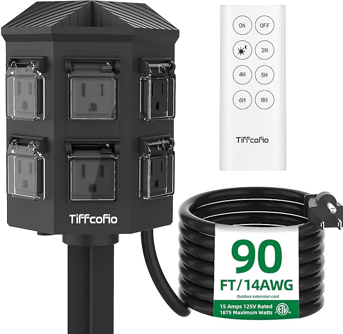 Outdoor Power Strip with 90FT Extension Cord, 100FT Remote Control, Dusk to Dawn Light Timer Waterproof, 6 Grounded Outlets for Yard, Pool and Garden, ETL Listed (90 FT)