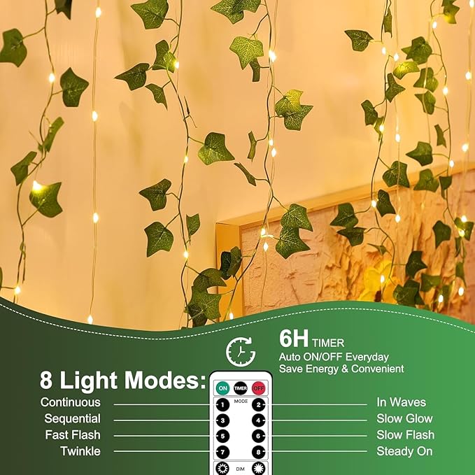 Vines Lights for Bedroom, 6.5ft x 6.5ft Ivy Garland with 200 LED Vine Artificial Fairy Lights Curtain 8 Modes, USB Hanging Vine Lights for Wedding Window Wall Party Christmas Decoration