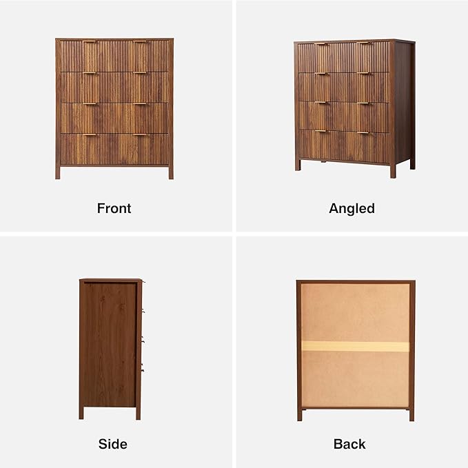 4 Drawer Double Dressers for Bedroom with Waveform Fluted Panel Design, Modern Wide Chest of Drawers,Wood Storage Dresser Chest of Drawers for Bedroom Living Room Hallway Closet,Walnut 2 Sets