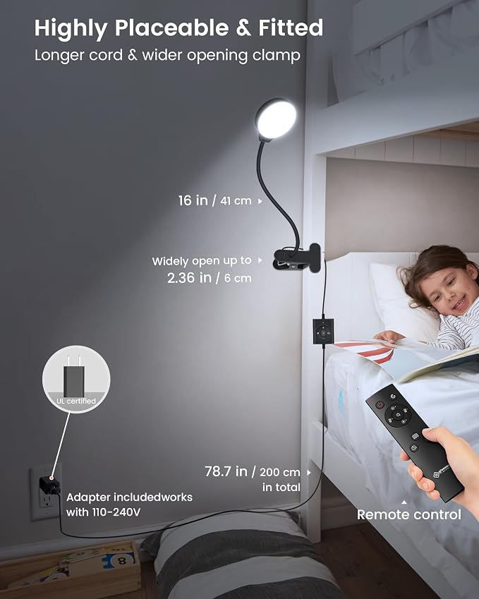 Glocusent 5W Desk Lamp with Remote, 3 Colors & 5 Brightness Reading Lights | Flexible Gooseneck Clip on Lamp, 30-Min Timer Reading Lamp, Perfect Clip on Light for Bunk,Bed,Headboard,Table,Work,Craft