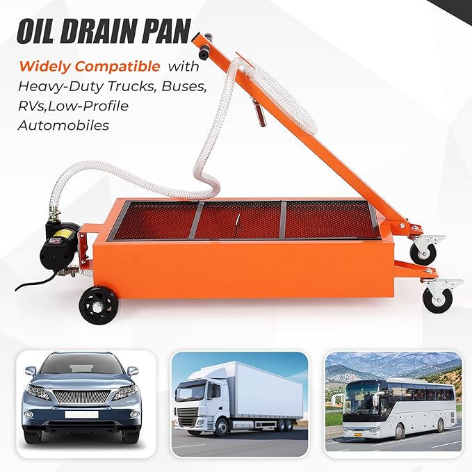 20 Gallon Oil Drain Pan with 110V Electric Pump, Low Profile Oil Drain Pan for Oil Change, Oil Change Pan with 8.2 Ft Hose and Folding Handle, Rolling Oil Drain Cart for Car, SUV, Trucks