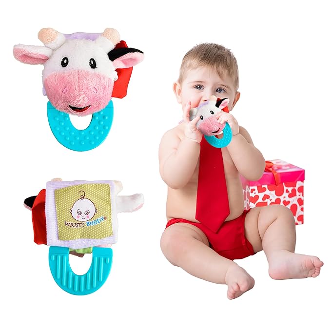 Wristy Buddy Teething Ring for Babies 0-6 8 10 12 Months | Cute Soft Cow Teething Toys & Gloves | Baby Teething Relief Toy Pack | Infant Chew Toys for 3-6 Months, 1 2 3 Years