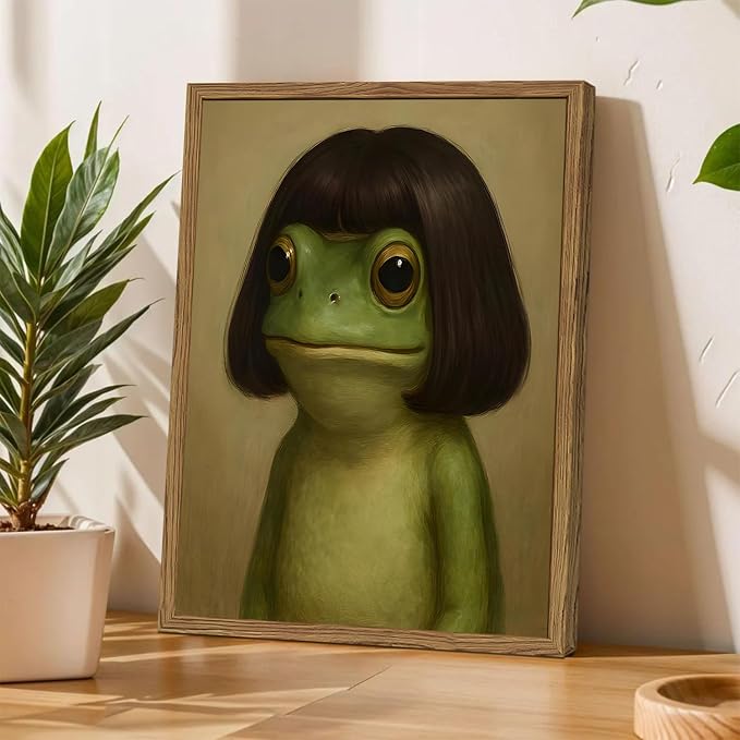 Funny Frog Wall Art, Whimsical Green Frog Wall Decor Painting Cute Animal Poster Canvas Prints Artwork for Living Room Bedroom Bathroom 16x24 inch Wood Framed