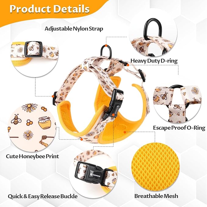 Dog Cat Harness and Leash Set, Puppia Soft Mesh Padded and Adjustable Puppy Vest Cute Dog Clothes Escape Proof Easy Walk Pet Accessories (Honeybee, M (Neck 13.4"-16.5"; Chest 17.7"-23"))