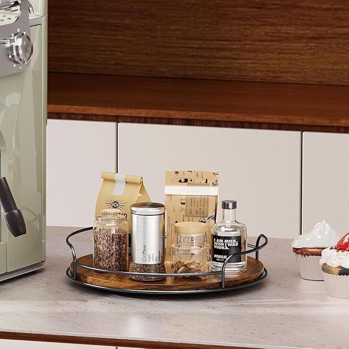 LAMU 2 Pack 9'' 10'' Lazy Susan Turntable Organizer for Table Top Cabinet, Wooden Lazy Susan for Kitchen, Pantry, Countertop, Bathroom Vanity, Spice Organization, Wood Decor