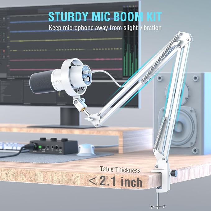 FIFINE AmpliTank K688CTW Dynamic Microphone with Boom Arm, XLR/USB Mic | Studio Vocal Podcast Mic Kit for PC, with Mute Button, Volume Knob, Headphone Jack, for Streaming Recording, White
