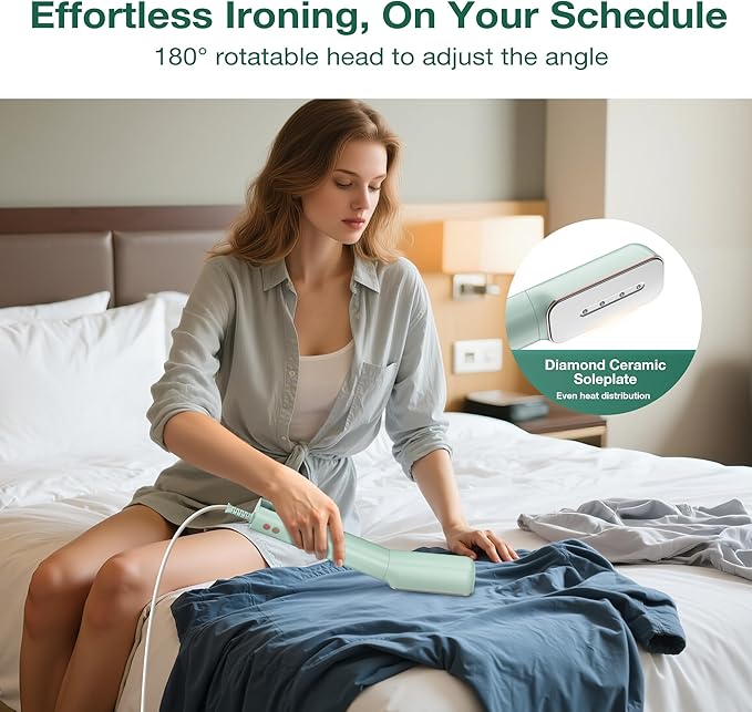 Newbealer 3in1 Clamp Travel Steam Iron with Global Voltage, 100-240V Clothes Steamer, Dry Ironing & 2 Steam Levels, Non-Stick Ceramic Soleplate, Auto-off, Self Cleaning, w/Detachable Clamp (Green)