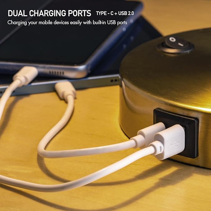 O'Bright Astrum - LED Desk Lamp with Dual USB Charging Ports, 100% Metal, 270 Degree Swivel Arms, Soft White Light (3000K), Bedside & Home Office Table Lamp, ETL Listed, Antique Brass Finish