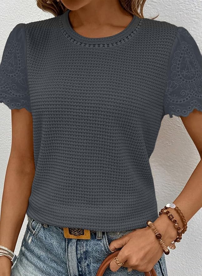 SHEWIN Womens Frenchy Summer Tops Crewneck Short Sleeve T Shirts Casual Waffle Knit Jacquard Blouses Top Shirts