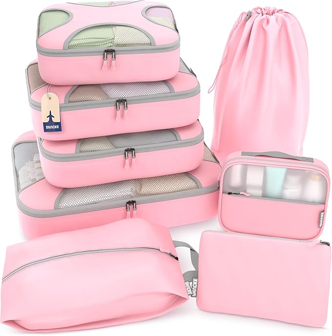 Shacke Premium 8 Packing Cubes Set - Lightweight Mesh Travel Luggage Organizers with Laundry Bag, 8-Piece Suitcase Storage System (Summer Pink)