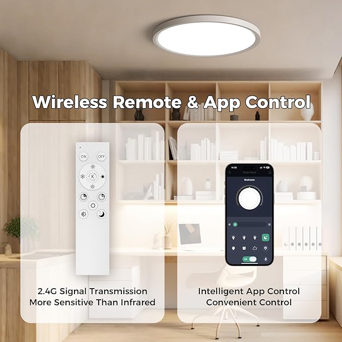 Flush Mount Ceiling Light with Nightlight 12inch,24W 2400LM Dimmable LED Ceiling Lights with Remote & APP Control, 2700K-6000K Adjustable,Perfect for Bedroom/Living Room/Kitchen,Round White (1)