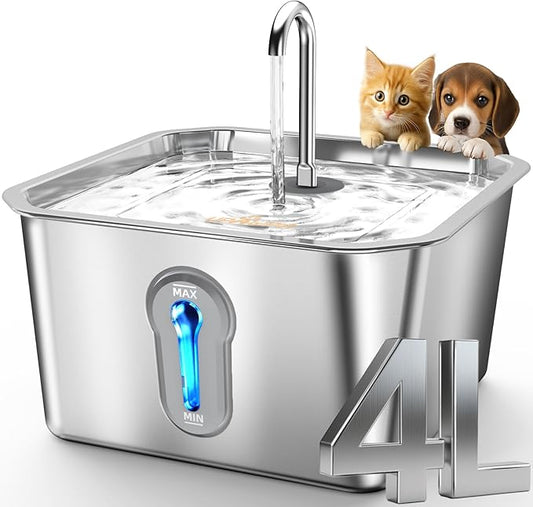 Cat Water Fountain Stainless Steel 135oz/4L Pet Water Fountain for Cats Indoor Pets Dog Small Animal Automatic Dog Water Dispenser with 3 Filters 1 Sponge Quiet