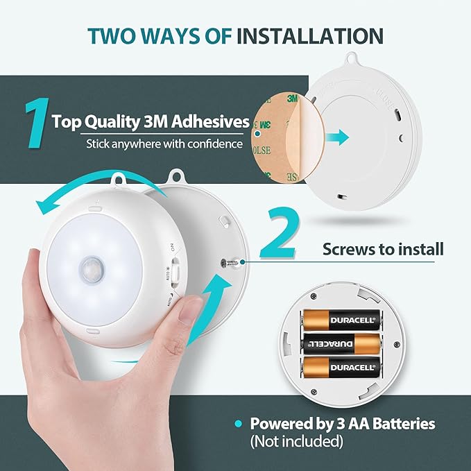 Alivation Motion Sensor Light Indoor, LED Closet Lights Battery Operated, Motion Sensor Night Light Under Cabinet Lighting, 3 AA Battery Powered Lights, Puck Lights for Wall, Stair, Dimmable (3 Pack)