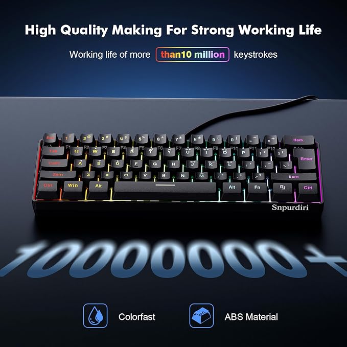 Snpurdiri 60% Wired Gaming Keyboard, 61 Keys RGB (Black) | Backlit Ultra-Compact Mini Gaming Keyboard for PC/Mac Gamer, Typist, Travel, Easy to Carry on Business Trip