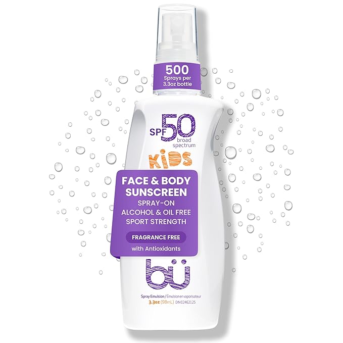BU SPF 50 Kids Sunscreen Spray for Face and Body, Non Aerosol Spray, Fragrance Free, Clear, Non Greasy, Water Resistant, Fragrance Free 3.3 oz
