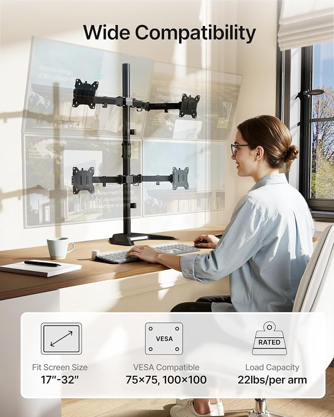 monTEK Freestanding Quad Monitor Stand for Four 17-32" Screens, 22 lbs Each | Solid V-shaped base, four-screen full-motion arms, height adjustment, tilt, swivel, rotation and VESA 75/100