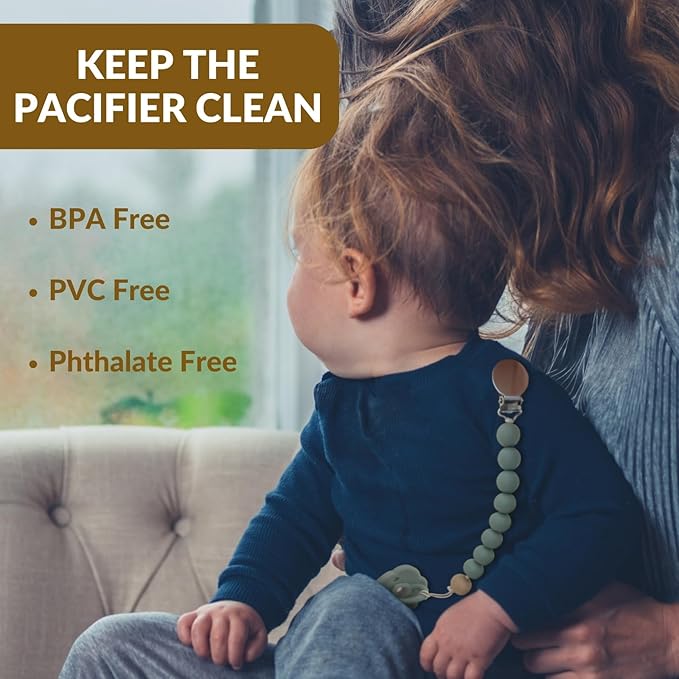 2 Pack Pacifier Clips, Silicone Pacifier Clip for Baby Boys and Girls, Baby Pacifier Strap with Silicone Beads, Soother Dummy Holder, Pacifier Holder, Keeps Pacifier Clean (Olive/Cream)