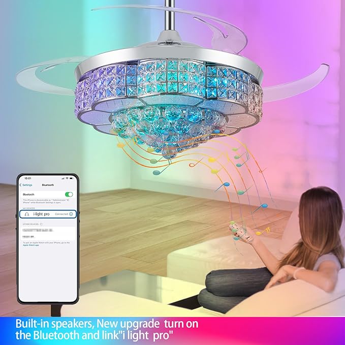 36" RGB Retractable Crystal Ceiling Fan with Light and Speaker Dimmable Bluetooth Chandelier Fan, 6 Speed Timer Fandelier, APP/Remote Control & Speaker for Bedroom,Silver