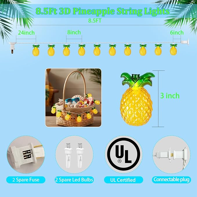 8.5Ft Luau Party Pineapple Lights, 10L LED Pineapple String Lights Plug in for Indoor/Outdoor Home Table Porch Pergola Tiki Bar Aloha Hawaiian Tropical Party Lights