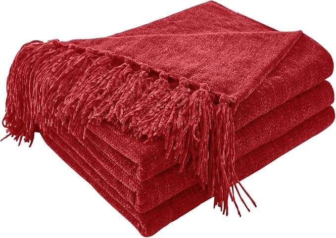 CozeCube Chenille Throw Blanket, Christmas Red Fringe Blanket, 60"X80" | For Couch, Cozy Plush Fuzzy Decorative Blanket with Fringe Tassels, Lightweight Throws for Bed Sofa Gift Home Decor