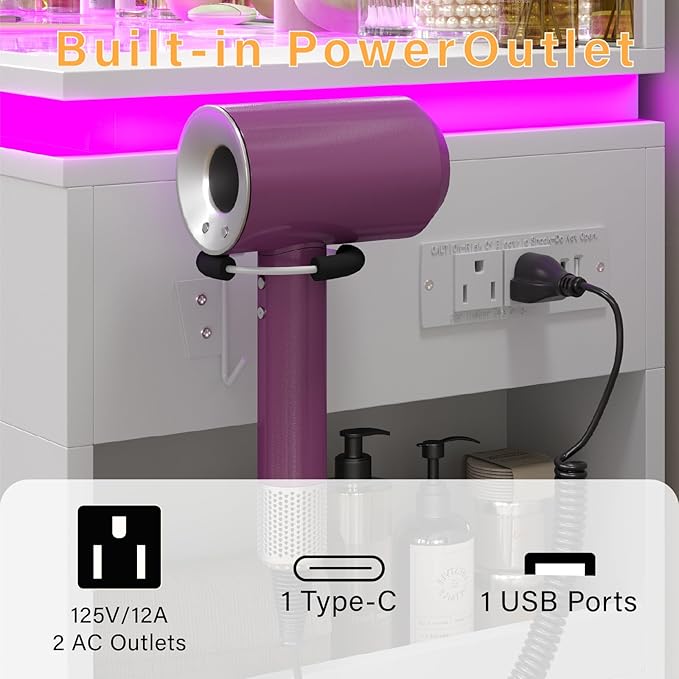 White Vanity Desk with Illuminated Mirror & Power Outlet, Bedroom Dresser LED Mirror Stepless Dimmable & 3 Color Modes Adjustable RGB Drawers, for Women Girls Bedroom（Pure White