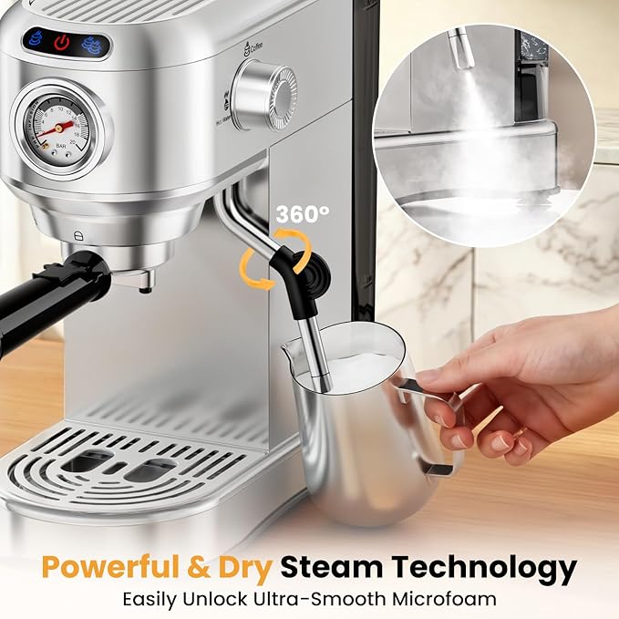 Espresso Machine 20 Bar, Compact Espresso Coffee Machine with Milk Frother, Stainless Steel Coffee Maker with 34oz Removable Water Tank, Cappuccino Machine for Home, Office, Latte (Silver)