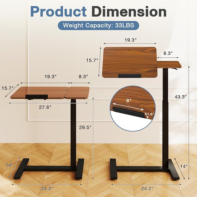Adjustable Standing Desk Rolling Laptop Table with Wheels, Brown | Tiltable Desktop Design for Comfortable Work, Reading and Study Spaces