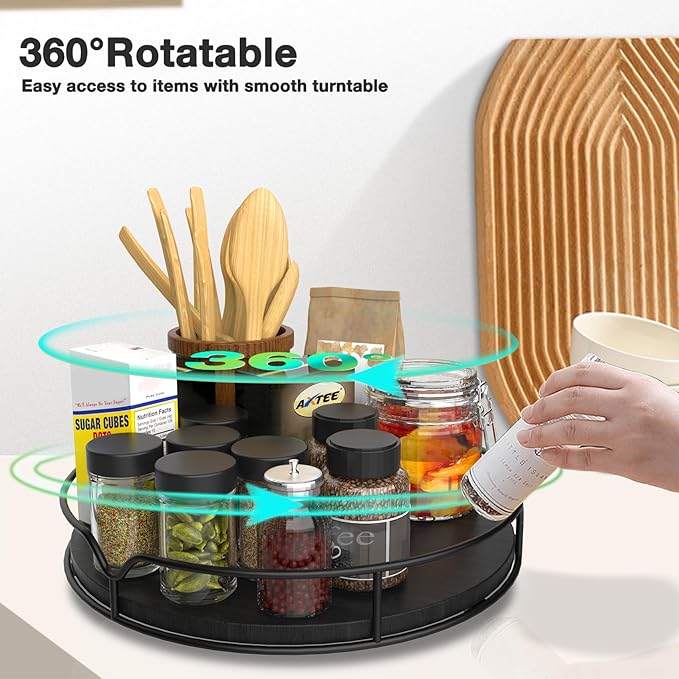 Lazy Susan Turntable Organizer with Anti-Slip Mat for Cabinet Pantry Kitchen Countertop Refrigerator Office, Pine Wood, 13", Black